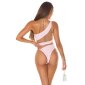 Sexy Damen One-Shoulder Badeanzug mit Netzstoff Rosa-Beige
