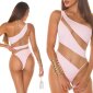 Sexy Damen One-Shoulder Badeanzug mit Netzstoff Rosa-Beige