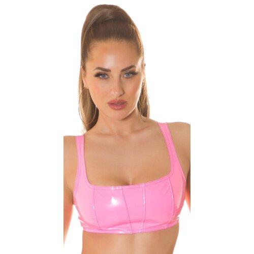 Womens vinyl top strappy top in latex look neon-fuchsia