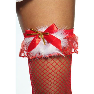 Sexy suspender fishnet stockings Christmas marabou plumes red