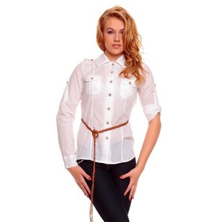 Elegante Langarm Bluse mit Flechtgürtel Weiß