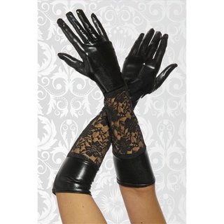 Elegant gauntlets gloves wet look lace black